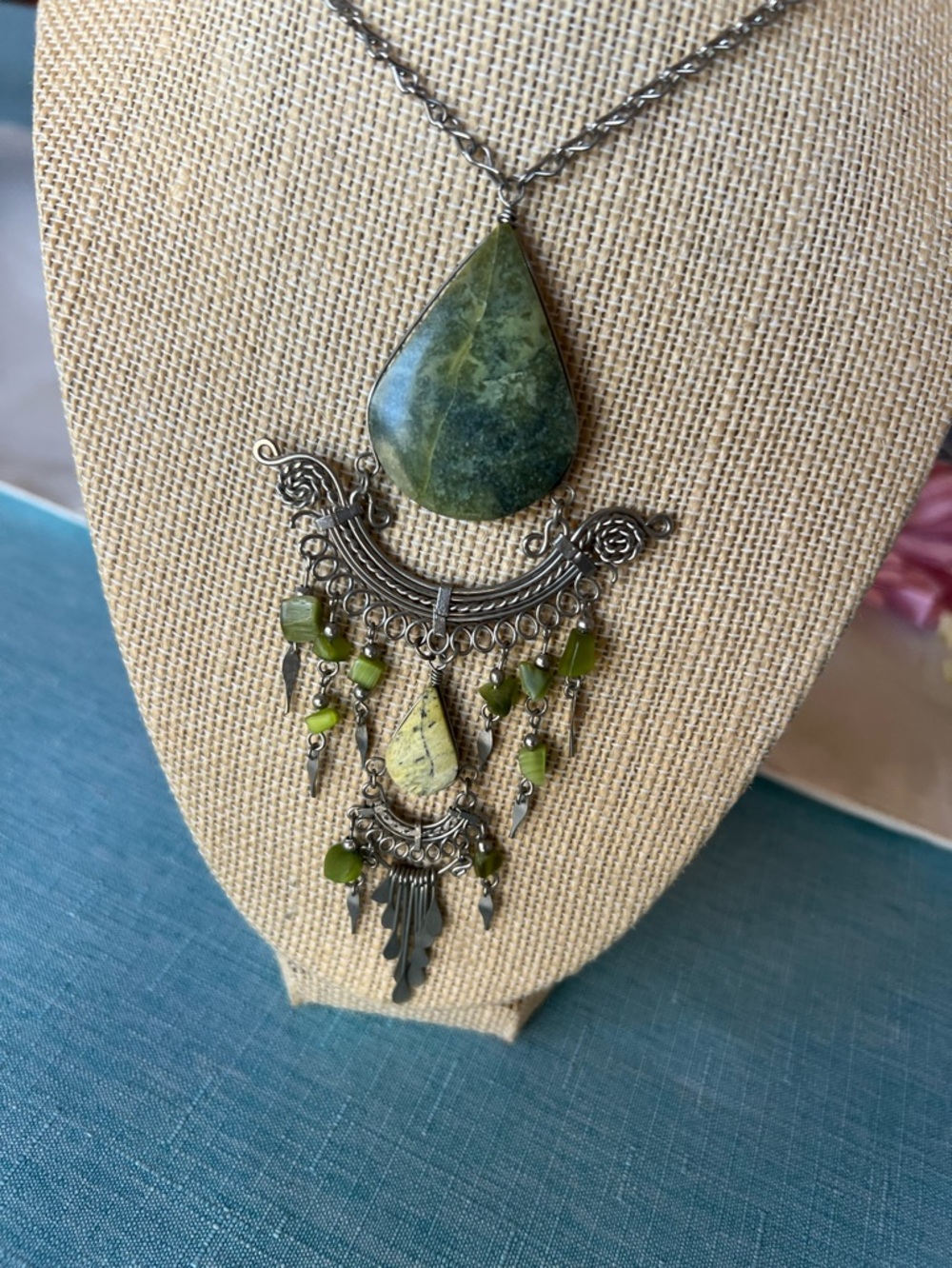 Peruvian tribal style necklace with green tone stones